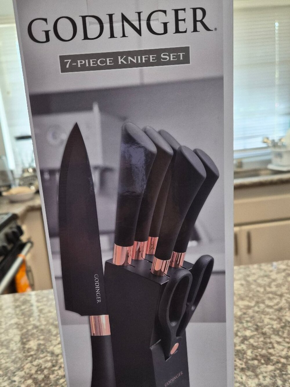 GODINGER 7 Pcs Knife Set Block & Scissors Black & Rose Gold
